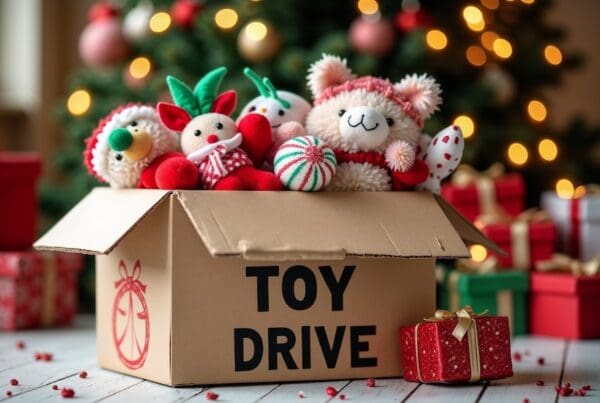 2024 Holiday Toy Drive - 11/4/2024 – 12/4/2024 - Toys stacked in a box in front of a tree with presents