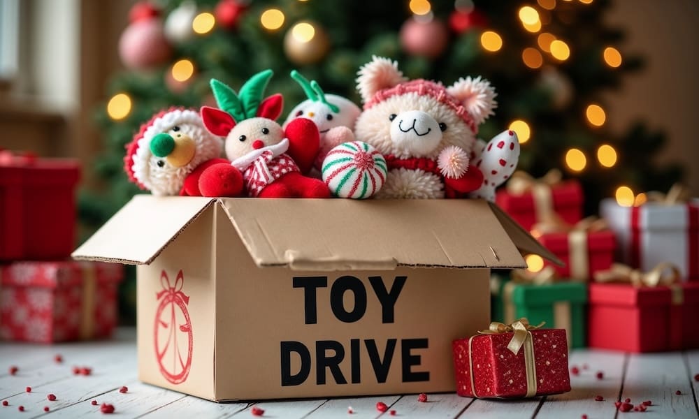 2024 Holiday Toy Drive - 11/4/2024 – 12/4/2024 - Toys stacked in a box in front of a tree with presents